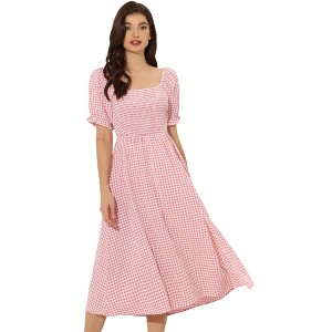 Allegra K Women's Casual Smocked Front Tie Back Checks Gingham Midi Dresses - 1 of 4