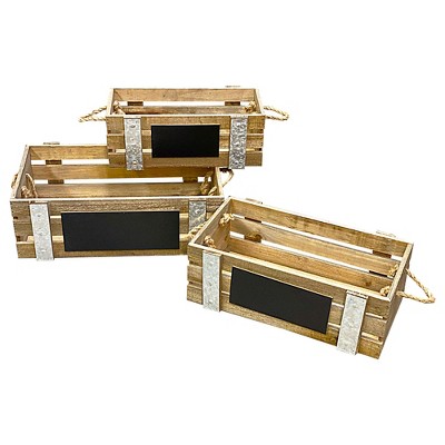 Essential Decor & Beyond 3-Piece Set Natural Wooden Crate Storage with Chalk Board and Rope Handle