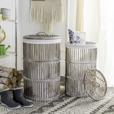 White Wash Rattan Cylinder Laundry Hampers with Removable Lids