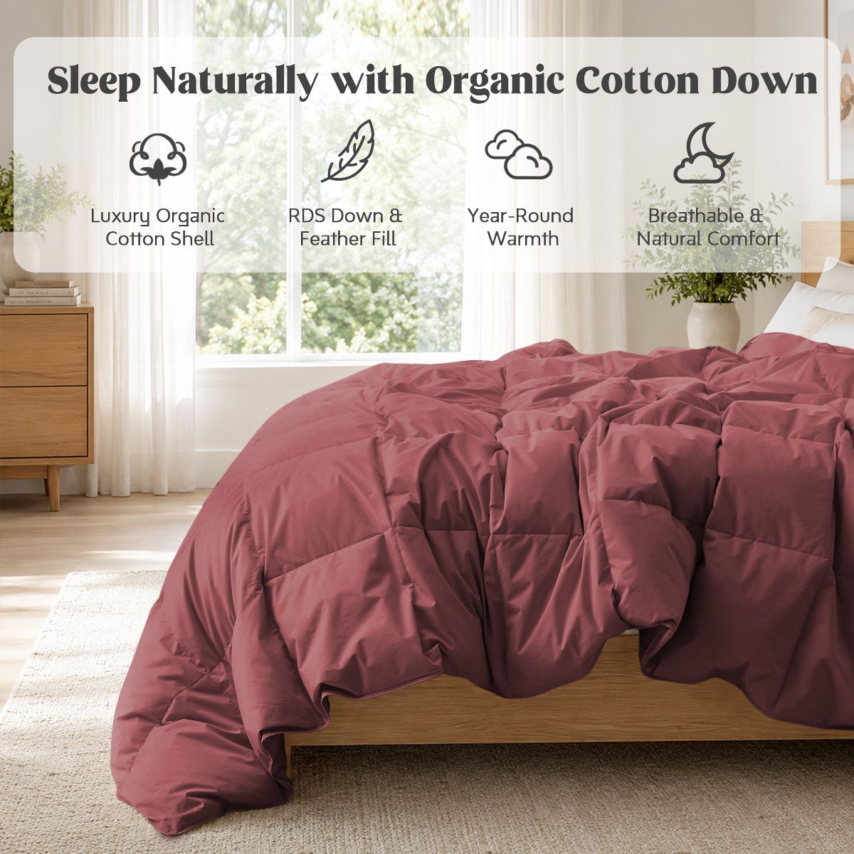 Puredown All Season Organic Cotton Down Comforter - 100% Natural, Chemical-Free, Medium Warmth Duvet Insert