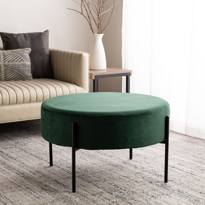 Malachite Green Velvet Round Cocktail Ottoman with Matte Black Legs
