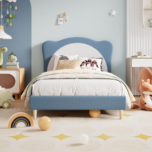 Upholstered Bed Frame for Kids - with Adjustable Chic Scallop Headboard, Cute Velvet Princess Platform Bed for Girls/Kids, Solid Wood Slats Support - 1 of 4