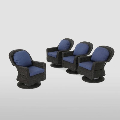 4pk Liam Wicker Patio Swivel Chairs Brown / Navy Blue - Christopher Knight Home