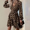 Mocamel Women's Leopard Print V-Neck Long-Sleeved Short Skirt Lace Up Ruffle Hem Elegant and Charming - 2 of 4