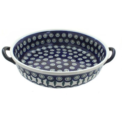 Blue Rose Polish Pottery Peacock Round Casserole with Handles