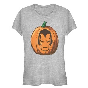 Juniors Womens Marvel Halloween Iron Man Pumpkin T-Shirt - 1 of 3
