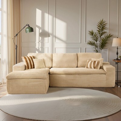 XIZZI No Assembly Sectional Sofa Set w/ Chaise - Plush/Corduroy Fabric, High-Resilience Foam, Beige/Black/Gray - Ships Compressed & Ready to Use