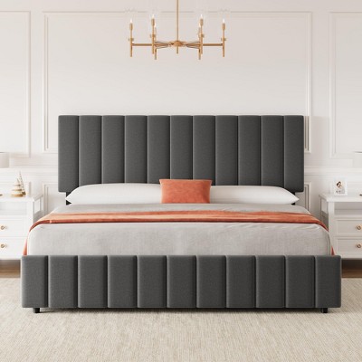 Queen Linen Upholstered Platform Bed Frame with 4 Storage Drawers, Adjustable Headboard