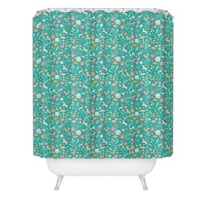 Deny Designs Kids' Lathe and Quill Dinosaurs Unicorns on Teal Shower Curtain - 1 of 3