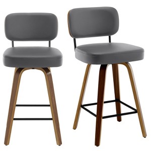 Bekrvio 26" Swivel Counter Height Bar Stools - Upholstered Faux Leather with Back, Bent Wood Legs, Mid Century Modern Kitchen Island Counter Stools - 1 of 4