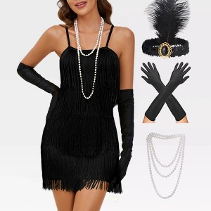 Womens Roaring 20s Costumes Flapper Dress 1920s Gatsby Vintage Fringe Dress with Deco Set Spaghetti Strap Cocktail Dress for Gatsby Theme Party - 1 of 4