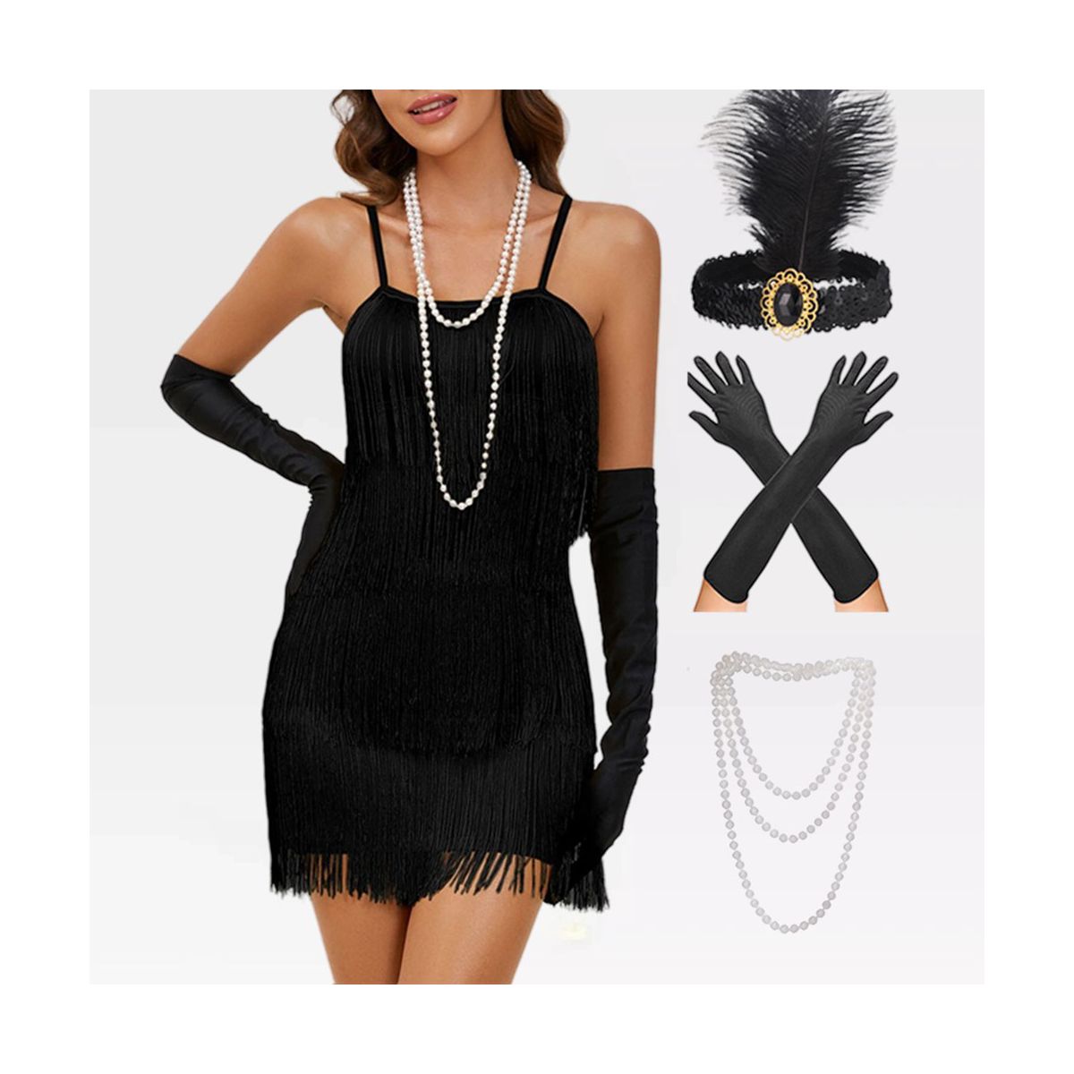 Womens Roaring 20s Costumes Flapper Dress 1920s Gatsby Vintage Fringe Dress with Deco Set Spaghetti Strap Cocktail Dress for Gatsby Theme Party