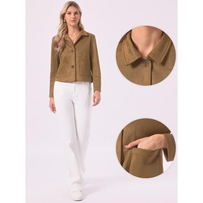 INSPIRE CHIC Women's Faux Suede Button Down Point Collar Pockets Fall Winter Cropped Jacket X-Large Brown — фото 2