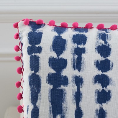 Atalia Blue and Pink Cotton Tassel Throw Pillow 16" x 16"