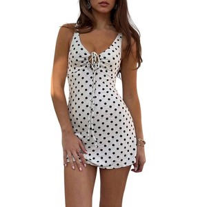 black and white polka dot dress target Women Polka Dot Sleeveless Mini Dress V-Neck Front Tie Cutout Bodycon Cami Short Dress, White, L