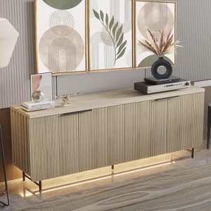 SAINTCY 68" Mid-Century Modern Fluted Sideboard Cabinet with 4 Doors, LED Lights, Adjustable Shelves – Wine/Coffee Bar & Dining/Living Room Storage - 1 of 4
