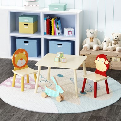 Lirago Kids Wood Table and 2 Chairs Set Children Activity Table Toddler Furniture Set Cartoon Animals Design for 3-8 Years Old Natural