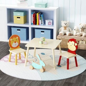 Lirago Kids Wood Table and 2 Chairs Set Children Activity Table Toddler Furniture Set Cartoon Animals Design for 3-8 Years Old Natural - 1 of 4