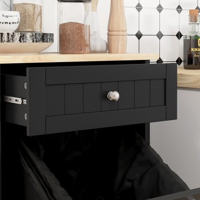 Black Wooden Kitchen Storage Cabinet with Light Wood Top