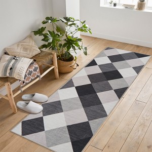 Machine Washable Plaid Checkered Design Non-Slip Rubberback Runner Rug Modern Abstract Geometric Print Carpet - 1 of 3