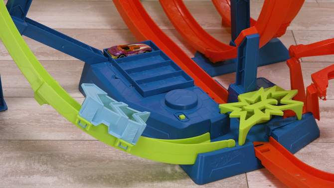 Hot Wheels Easy Storage Track Set with 5 Crash Zones, Motorized Boosters, 1 Car, and 2 Different Sized Loops for Kids Motor Vehicle Playsets, 2 of 8, play video