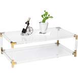 Fabulaxe Rectangular Acrylic Modern Gold Metal Coffee Table with Tempered Glass and Shelf