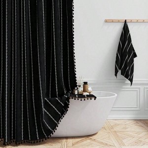 78 Inch Long Shower Curtain Boho Farmhouse Striped Linen Black and White Tall Rustic Luxury Bathroom with Tassel Hooks - 1 of 4