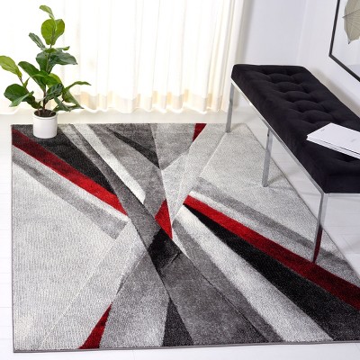 Gray and Red Mid-Century Modern Synthetic Area Rug