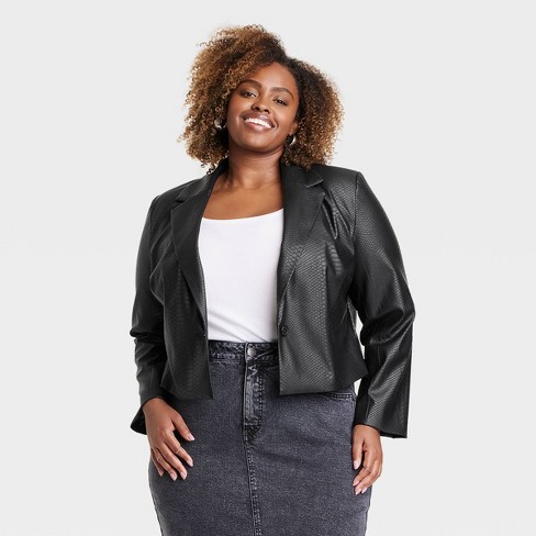 Women's Cropped Faux Leather Blazer - Ava & Viv™ Black 4x : Target