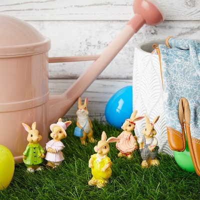Mini Easter Bunny Rabbit Garden Statues in Colorful Outfits, 2.2 Inches, Set of 6