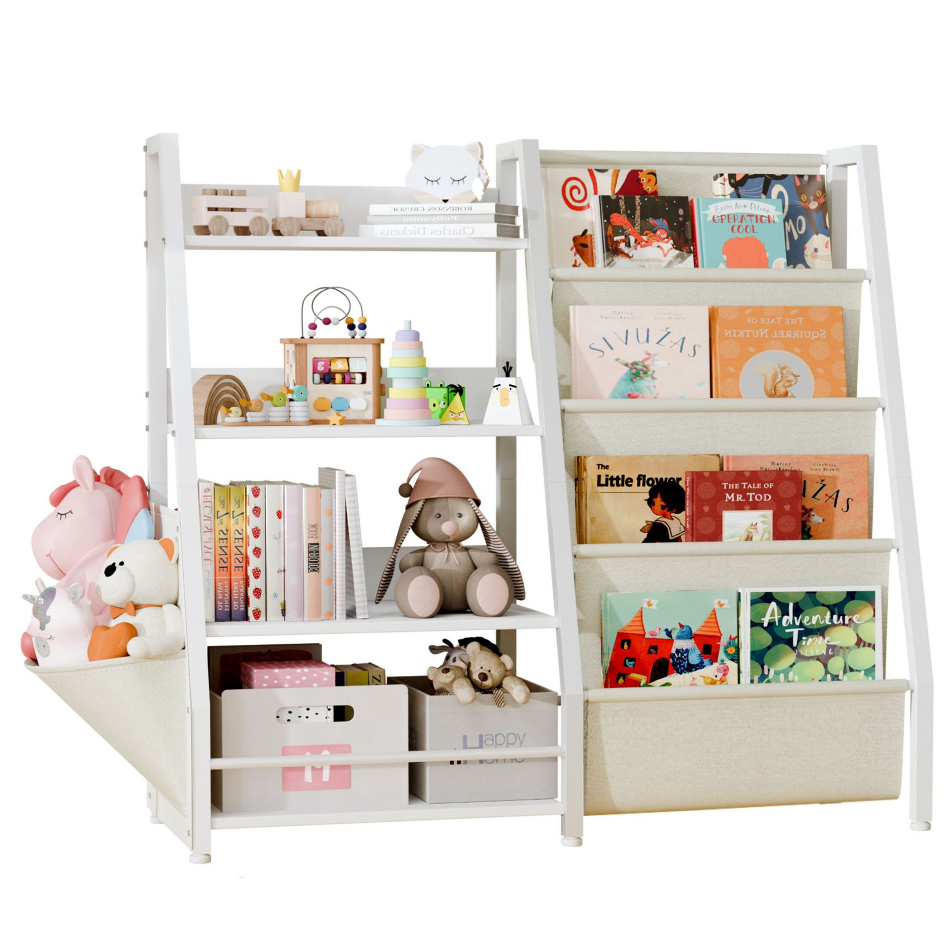 AZL1 Life Concept Kids Bookshelf Book Shelf Sling Bookcase Side Pocket Baby Toy Organizer Nursery Playroom Toddler Childrens, White, 32.7"*11.8"*28.9"