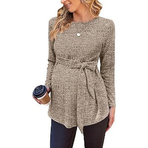 Ekouaer Women's Maternity Shirts Long Sleeve Pregnancy Tops Casual Ribbed Knit Winter Pregnant Blouses - 1 of 4
