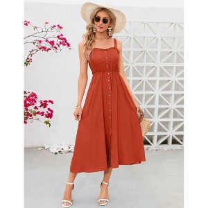 Coolmee Women's Dress Casual Summer Spaghetti Strap Dress Button Down Sleeveless A Line Beach Swing Midi Sundress - 1 of 4