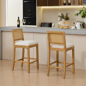 Solid Wood Rattan-Back Bar Stools with Matte Linen Cushion and High-Resilience Foam & S-Springs, Set of 2 for Kitchen Island - 1 of 4