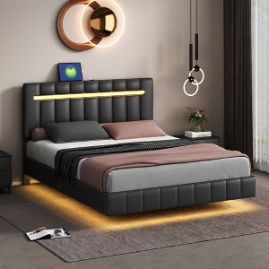 NicBex Full/Queen Floating Bed Frame with Headboard,Modern Upholstered Platform Bed Frame with LED Lights and USB,Wood Slats Support,No-Noise - 1 of 4