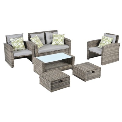 GlasFlength 6PCS Patio Seating Rattan Furniture Set Sectional Sofa Cushioned Garden, Tempered Glass Table, Beige, 40.75"*23.43"*17.52"