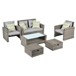 GlasFlength 6PCS Patio Seating Rattan Furniture Set Sectional Sofa Cushioned Garden, Tempered Glass Table, Beige, 40.75"*23.43"*17.52" - 1 of 4