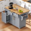 Okak Kitchen Island with Rubber Wood Drop Leaf, Kitchen Island On Wheels with Trash Can Storage and Power Outlet, Kitchen Cart for Dining Room - 2 of 4