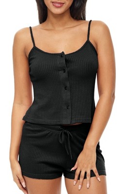 Image of ADR Women's Ribbed Knit Pajamas Set, Button Up Cami Top and Sleep Thermal Underwear Shorts Black Large
