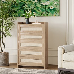 Rattan 5 Drawer Dresser for Bedroom, 45"H Wood Chest of Drawers with Gold Handles, Storage Dresser Organizer, Closet Dresser for Bedroom, Light Oak - 1 of 4
