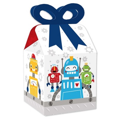 Big Dot of Happiness Gear Up Robots - Square Favor Gift Boxes -Birthday Party or Baby Shower Bow Boxes - Set of 12