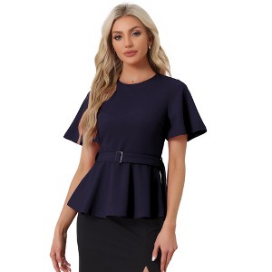 Allegra K Women's Round Neck Flutter Sleeve Belted Waist Office Peplum Blouse - 1 of 4