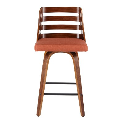 Set of 2 Orange Upholstered Walnut Wood Swivel Counter Stools