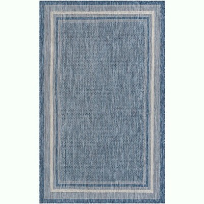 Serene Blue Flatweave 5'3" x 8' Outdoor Rug with Simple Border