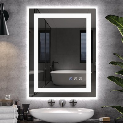 LED Bathroom Mirror 24x32 inch with Front and Backlight, 3 Colors Dimmable, Enhanced Anti-Fog Wall Mounted Lighted Vanity Mirror