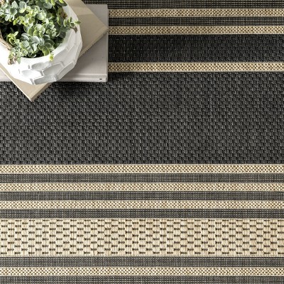 Charcoal and Tan Striped Indoor/Outdoor Synthetic Rug