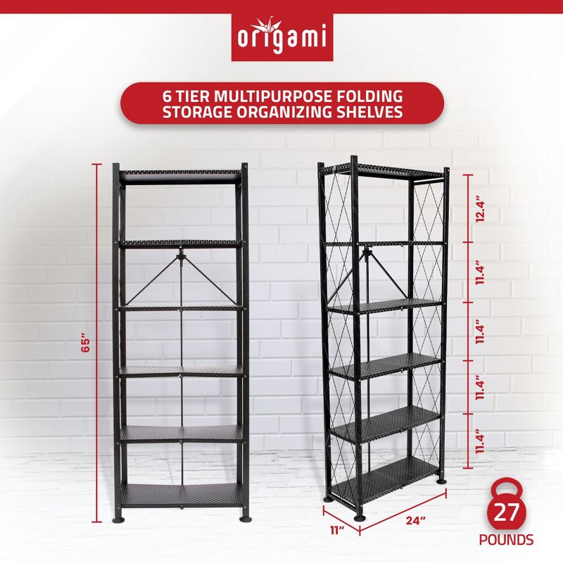Origami 6 Tier Classic Stamped Steel Bookcase Organizer Storage Rack, Black, 2 of 7