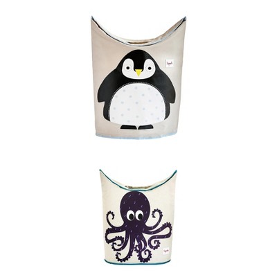3 Sprouts Baby Laundry Hamper Storage Basket Organizer Bin, Penguin and Octopus (2 Pack)