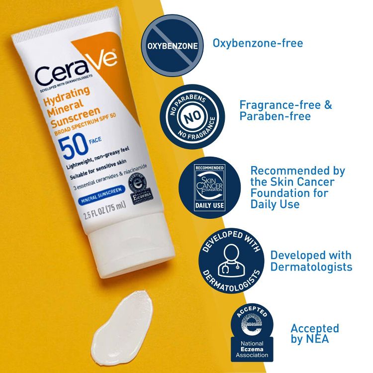 A tube of CeraVe Hydrating Mineral Sunscreen SPF 50 is shown on a yellow background with a dollop of the sunscreen beside it, highlighting features such as being oxybenzone-free, fragrance-free, paraben-free, and recommended by the Skin Cancer Foundation.