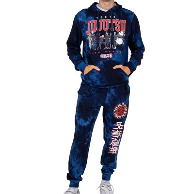 Jujutsu Kaisen Character Group With Varsity Text Blue Cove Wash Men's Hoodie & Jogger Set